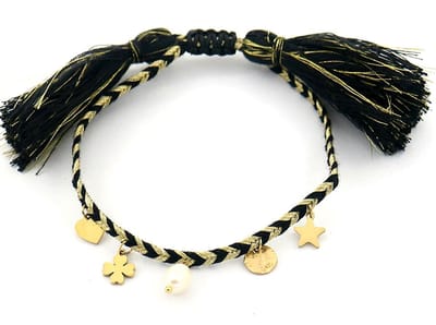 Stoffen Armband Dames - Bedels en Parel - RVS - Lengte Verstelbaar - Zwart en Goudkleurig
