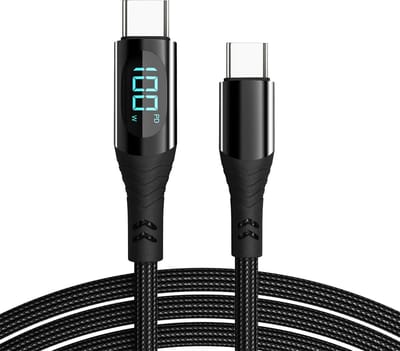 DrPhone TITAN8 USB C naar USB C Nylon Gevlochten Kabel met LED Display - 100W PD 5A Snel opladen – 480 Mbps Dataoverdracht – Oplader - Oplaadkabel – 1.2 meter – Zwart
