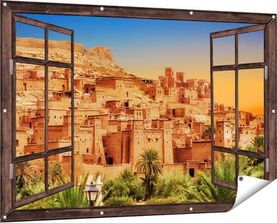 Gards Tuinposter Doorkijk Kasbah Ait Ben Haddou Stad in Marokko - 150x100 cm - Tuindoek - Tuindecoratie - Wanddecoratie buiten - Tuinschilderij