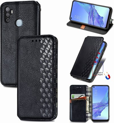 Luxe PU Lederen Ruitpatroon Wallet Case + PMMA Screenprotector voor OPPO A53 4G / A53s 4G _ Zwart
