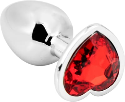 PLGZ - Hartvormige Metalen Buttplug - Zilver - Rode Siersteen - Verkrijgbaar in 3 maten Large