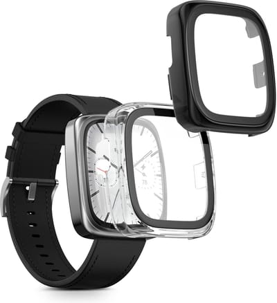 kwmobile 2x cover geschikt voor Amazfit Active 2 Square - Fitnesstracker cover van gehard glas en kunststof frame set transparant / zwart