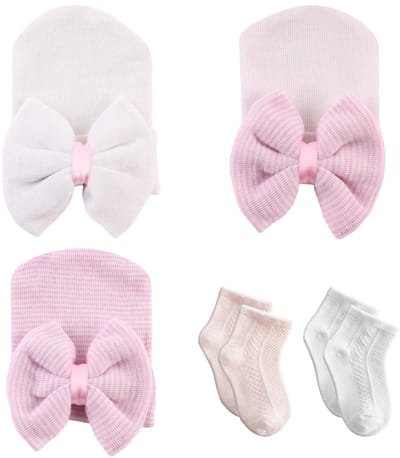 Dailygoods- Babymutsen 3 Stuks - Gekamd Katoen - Tulbandmutsen - Roze/Wit - Mutsen voor Pasgeborenen - Ademend Materiaal - Babyhoed