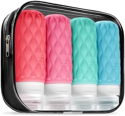 PromoHome 4-delige Siliconen Reisflessen Set 100ml - TSA Goedgekeurde Lekvrije Toiletartikelen Containers met Transparante Reis Tas en Etiketten voor Shampoo, Conditioner en Lotion