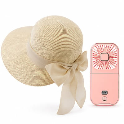 VHV - Zonnehoed en Ventilator Set - dames beige zonnehoed met brede rand - Aparte handventilator - Voor strand, reizen, camping