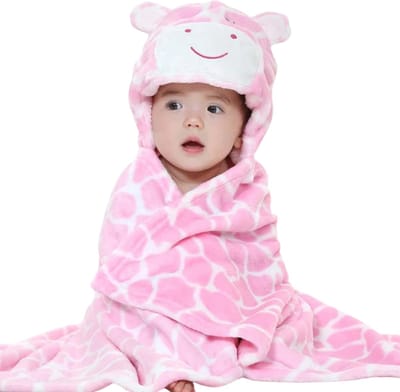 BoefieBoef Giraffe 2-in-1 Fleece Badcape & Wikkeldeken voor Baby's/Peuters met Dierencapuchon: Warm, Zacht & Comfortabel - Ideaal als Kerst- Verjaardags of Kraamcadeau – Roze