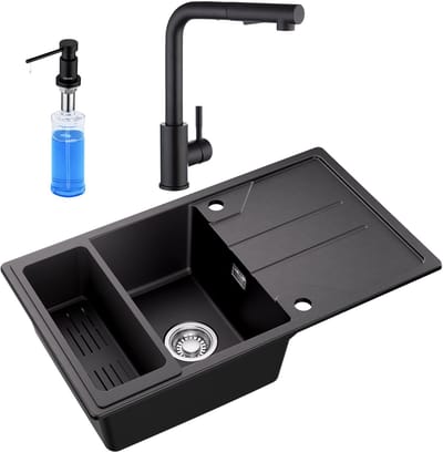 CECIPA max Granieten Spoelbak 78*45cm Zwart - Grantien Spoelbakken Met Keukenkraan en Zeepdispenser 300ML - Spoelbak Met Planchet en Afvoermand - Spoelbakken Incl. Sifon en Afvoerzeefje