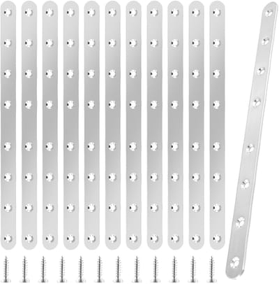 Cosensi- Platte Verbinders Set van 12 - Roestvrij Staal - Geperforeerde Platen - Houten/Metaal Connector - 293 x 19 mm - Inclusief Schroeven