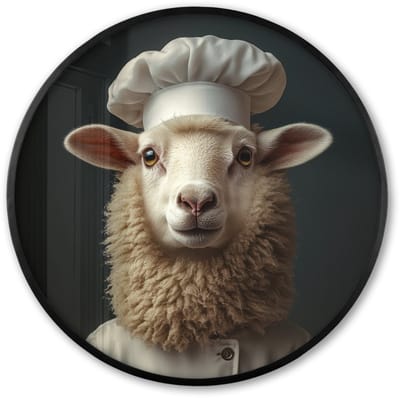 Poster in lijst Rond - Fotolijst 60x60 cm - Posters - Schaap - Wol - Kok - Ronde posterlijst zwart - Decoratie - Wanddecoratie woonkamer - Muurdecoratie slaapkamer