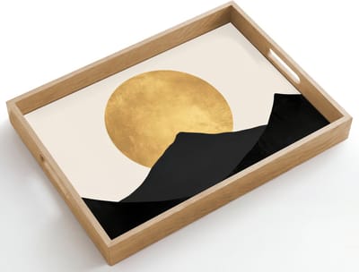 Dienblad hout 50x35 cm - Schootdienblad - Bergsilhouetten - Gouden cirkel - Beige - Borrelplank rechthoek - Plateau dienbladen
