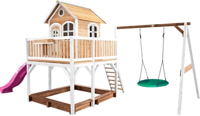 AXI Liam Speelhuis in Bruin/Wit - Met Verdieping, Zandbak, Summer Nestschommel en Paarse Glijbaan - Speelhuisje voor de tuin / buiten - FSC hout - Speeltoestel voor kinderen