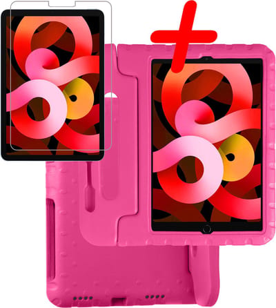 Hoesje Geschikt voor Apple iPad Air 5 (2022) - 10.9 inch - 5e Generatie - M1 - Met Screenprotector - Kinderhoes Shockproof Bumper - Kidsproof Case - Tablet Hoes - Kinder Hoes Cover - Roze