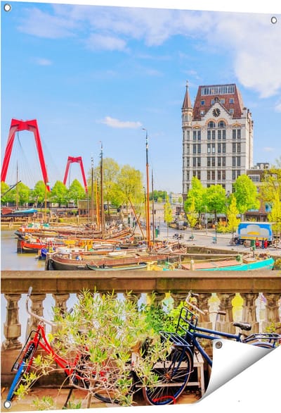 Gards Tuinposter Kleurrijke Oude Haven in Rotterdam - 80x100 cm - Tuindoek - Tuindecoratie - Wanddecoratie buiten - Tuinschilderij