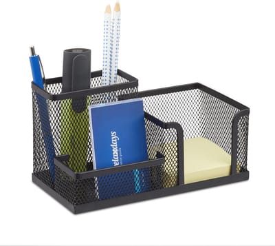 Bureau organizer met pennenbak, notitiehouder en visitekaarthouder - zwart - 10 x 18,5 x 9,5 cm