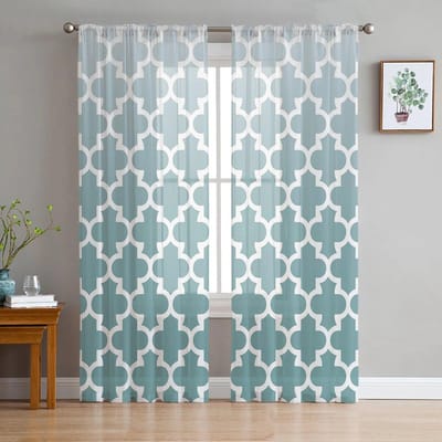 Turquoise Verloop Retro Tule Gordijnen Woonkamer Keuken Chiffon Gordijn Slaapkamer Balkon Transparant Gordijn Mode Huisdecoratie 135W x 160H(cm)