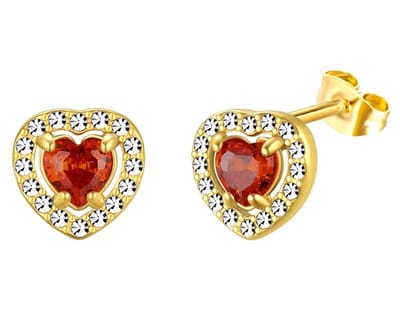 Oorbellen Hart Zirkonia - RVS - 10 mm - Goudkleurig en Rood – valentijn – cadeau