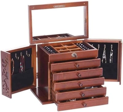 Sieradendoos Hout - Opberger Organizer - Sieraden Opbergen - Met Spiegel Lade - 31x19.5x25 cm - Houtkleur
