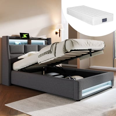 DESMIU Gestoffeerd Bed 90x200 cm – Met LED-Verlichting En USB-Oplaadpunt – Opbergruimte Onder Lattenbodem – Jeugdkamer – Linnen – Met Matras – Grijs