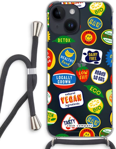 Case Company® - Hoesje met koord geschikt voor iPhone 14 hoesje met Koord - Fruitsticker - Telefoonhoesje met Zwart Koord - Bescherming aan alle Kanten en Over de Schermrand