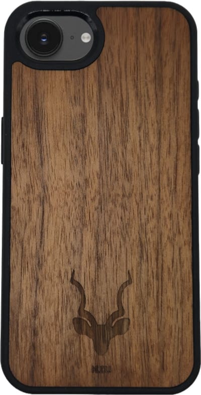 Kudu iPhone 16 e hoesje case - Houten backcover - Handgemaakt en afgewerkt met duurzaam TPU - Walnoot - Zwart