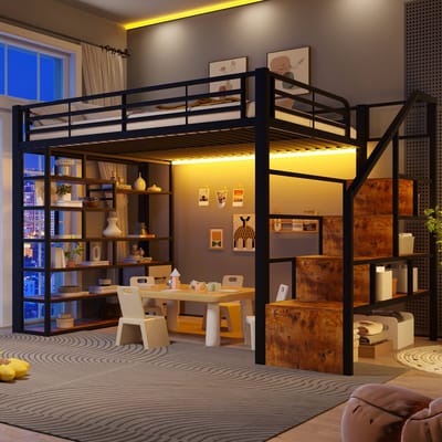 Hoogslaper 140X200 Zwart Met Opbergruimte LED Verlichting Metalen Bed Met Trap En Lade