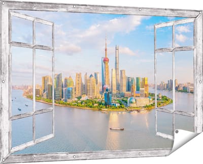 Gards Tuinposter Doorkijk Skyline Shanghai Stad in China - 150x100 cm - Tuindoek - Tuindecoratie - Wanddecoratie buiten - Tuinschilderij