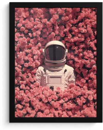 Poster in lijst - Fotolijst 30x40 cm - Posters - Bloemen - Roze - Astronaut - Posterlijst zwart - Decoratie - Wanddecoratie woonkamer - Muurdecoratie slaapkamer