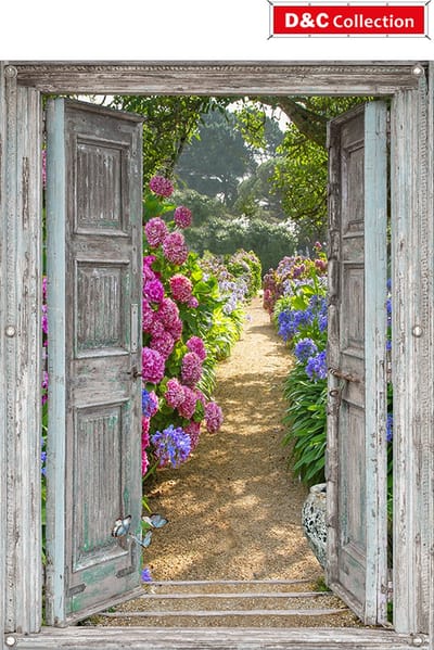 Doorkijk poster - tuinposter - 95x130 cm - doorkijk - Openslaande deuren - luxe uitvoering - Uitzicht hortensia tuin bloemen en vlinders - tuindoek - tuin decoratie - tuinposters buiten - schuttingposter