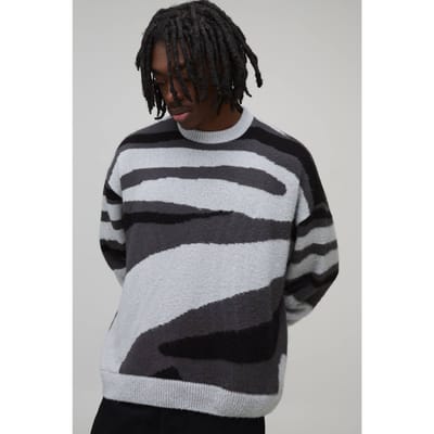 Oversized Boxy Geborsteld Dierlijk Gebreide Trui | Grey | Size XS