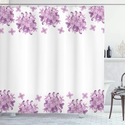 ABAKUHAUS Douchegordijn – Bloemen lila en wit – B175xH200 – wasbaar