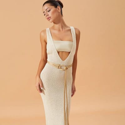 Zomer Gebreide Jurk Bretels Rugloos Sexy Diepe V-hals Strandrok L beige
