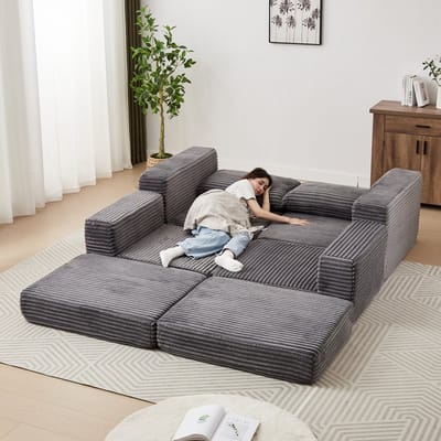 MIVRAY Slaapbank 194 x 169,5 cm - 2-in-1 Modulair Ontwerp Met Verplaatsbare Voetenbank - Voor Woonkamer En Logeerkamer - Ribstof Grijs