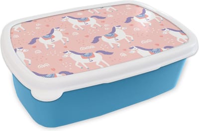 Broodtrommel Blauw - Lunchbox - Brooddoos - Paard - Hart - Patronen - 18x12x6 cm - Kinderen - Jongen