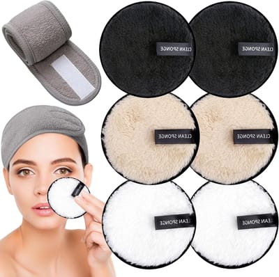 Set van 7 Herbruikbare Make-up Verwijder Pads met Spa Hoofdbanden, Grote Dubbelzijdige Wasbare Microvezel Katoenen Pads voor Alle Huidtypes en Milieuvriendelijk Gebruik