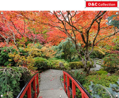 Tuindoek met rode brug - 130x95 cm - tuinposter - japanse tuin poster - omgezoomd met 6 ringen
