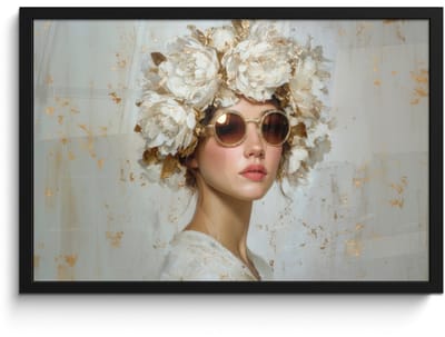 Poster in lijst - Fotolijst 60x40 cm - Posters - Schilderij - Vrouw - Zonnebril - Bloemenkrans - Posterlijst zwart - Decoratie - Wanddecoratie woonkamer - Muurdecoratie slaapkamer