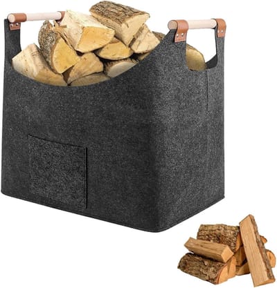 Vilten Houtmand - Draagbare Opberger - Haardhout Opslag - Opvouwbaar Met Handvatten - 45 x 40 x 32 cm - Grijs