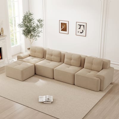 MODENUIT Hoekbank 4-Zits - Modulaire Chaise Longue En Diepe Zitting - Montagevrij Voor Woonkamer - Cordstof - Beige