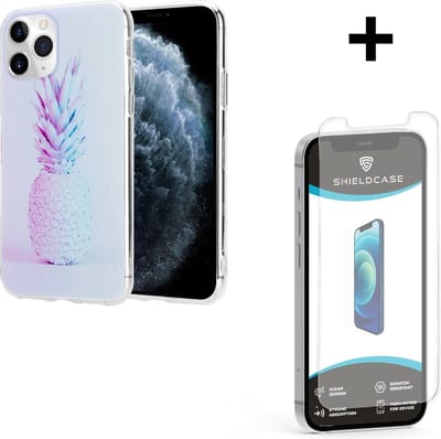 ShieldCase hoesje met ananas print geschikt voor Apple iPhone 12 / 12 Pro - 6.1 inch + glazen Screen Protector - case met print ananas - lichtblauw