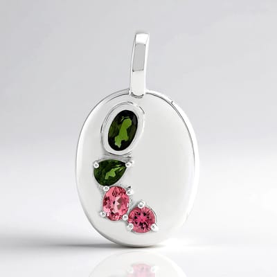 Cavill - Zilveren Hanger 925 Sterling Zilver met Palladium - 0,55 ct Braziliaanse Groene & Roze Toermalijn - Druppel & Ovaal