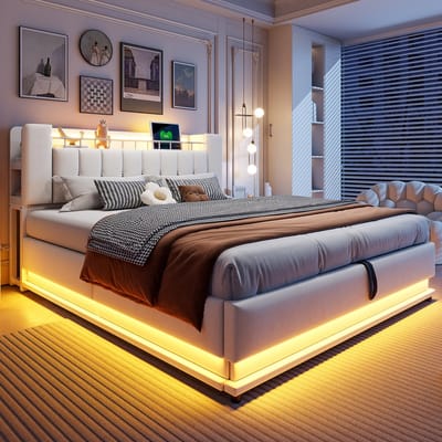 REDOM gestoffeerd bed 180x200 cm – Fluweel beige – LED, USB, hydraulische opbergruimte, 24 latten – 300 kg