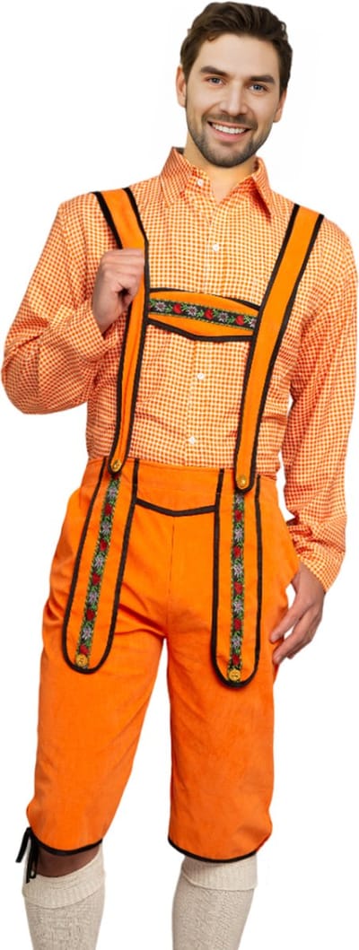Partychimp Voordelige Lange Oranje Lederhosen Man voor bij EK Voetbal 2024 WK Koningsdag Verkleedkleren Volwassenen Oranje Verkleedkleding Oktoberfest Heren Carnavalskleding Heren - Polyester - Maat 2XL