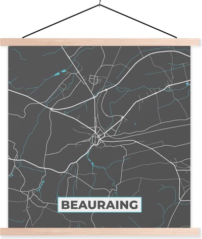 Posterhanger incl. Poster 40x40 cm - Schoolplaat - België – Beauraing – Stadskaart – Kaart – Blauw – Plattegrond - Textielposter - Blanke latten - Stadskaart