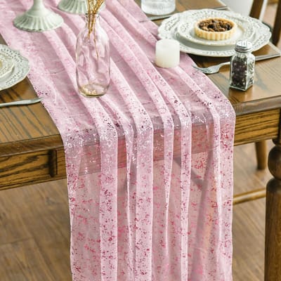 75*300cm-tafellopers textiel-Tafelloper Tule met Glitters-Prachtige woondecoratie, tafeldecoraties-Roze - Roze pailletten