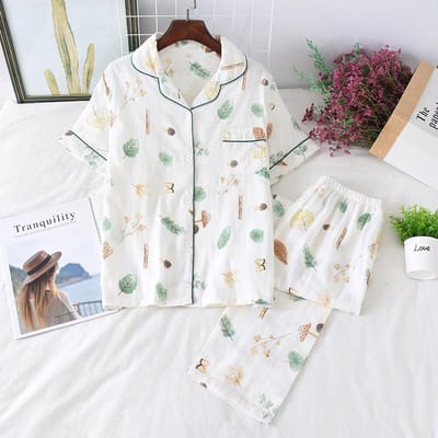 Nieuwe Lente en Zomer Korte Mouwen Broek Pyjama 2-delige Set 100% Katoen Gaas Bloemen Cartoon Huispak Set XL gray