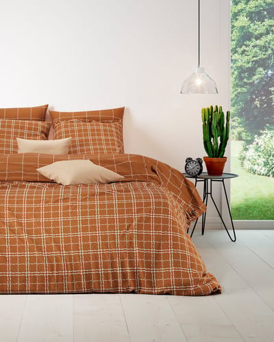 Mistral Home - DEKBEDOVERTREK - katoen renforcé - 140 x 200 cm + 65 x 65 cm - eenpersoons - ruiten - roest