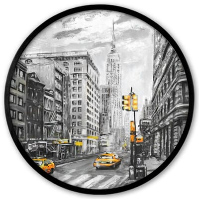 Poster in lijst Rond - Fotolijst 40x40 cm - Posters - Schilderij - Stad - Auto - Geel - Ronde posterlijst zwart - Decoratie - Wanddecoratie woonkamer - Muurdecoratie slaapkamer