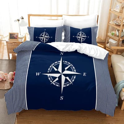 Blue Anchor Beddengoedset Zeilen Bedlinnen Huisdecoratie Eenpersoons Tweepersoons Twin Volledige Maat Voor Jongens Volwassenen Kompas Streep Dekbedovertrekset US King264x228cm