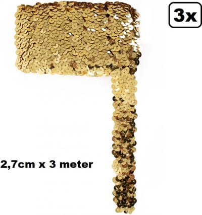 3x Paillettenband breed elastisch goud 2,7cm x 3 meter - Paillet thema party festival kleding feest