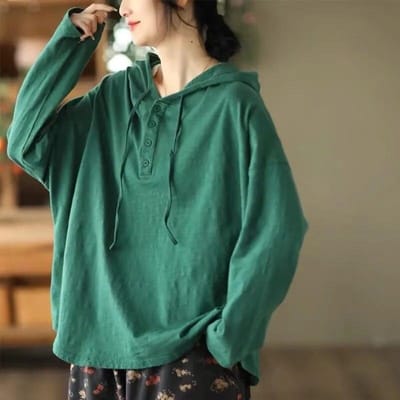 Dames Vintage T-shirts met Capuchon Effen Kleur Lange Mouw Katoenmix T-shirts Lente Knoop Casual Losse T-shirts L groen